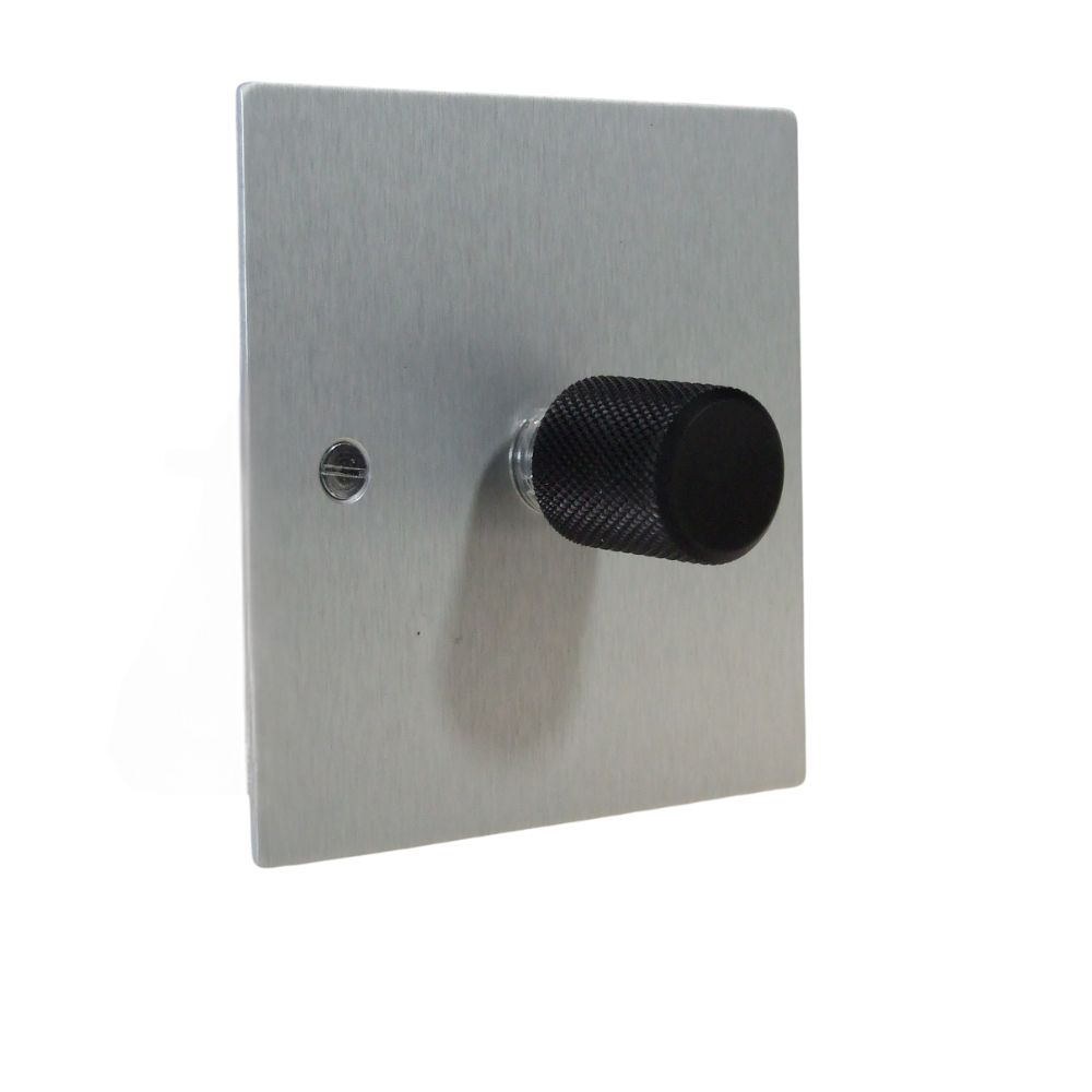 Satin Silver Metal Flat Plate Single 400W Dimmer Light Switch Retro Black Caps