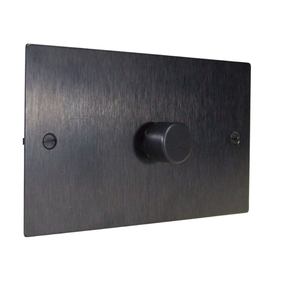 Satin Black Metal Flat Plate Single 400W Dimmer Light Switch on a Twin Plate Black Caps