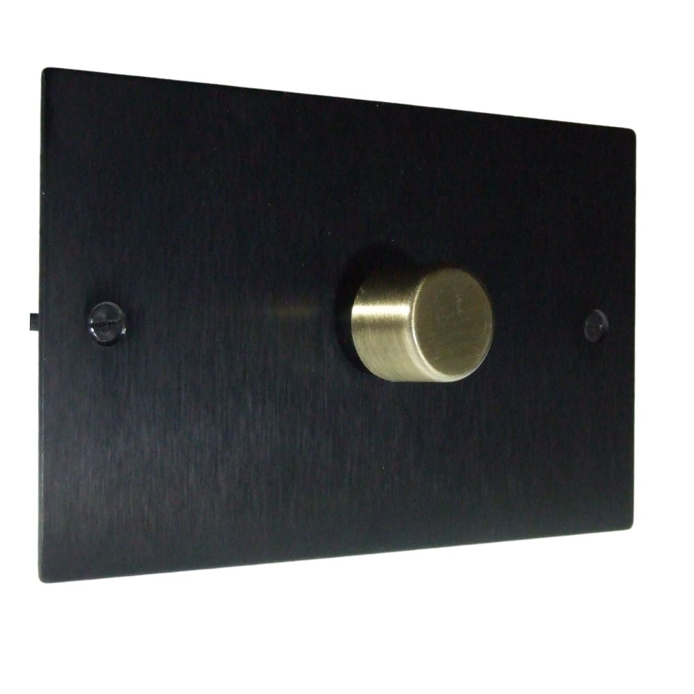 Satin Black Metal Flat Plate Single 400W Dimmer Light Switch on a Twin Plate Antique Brass Caps
