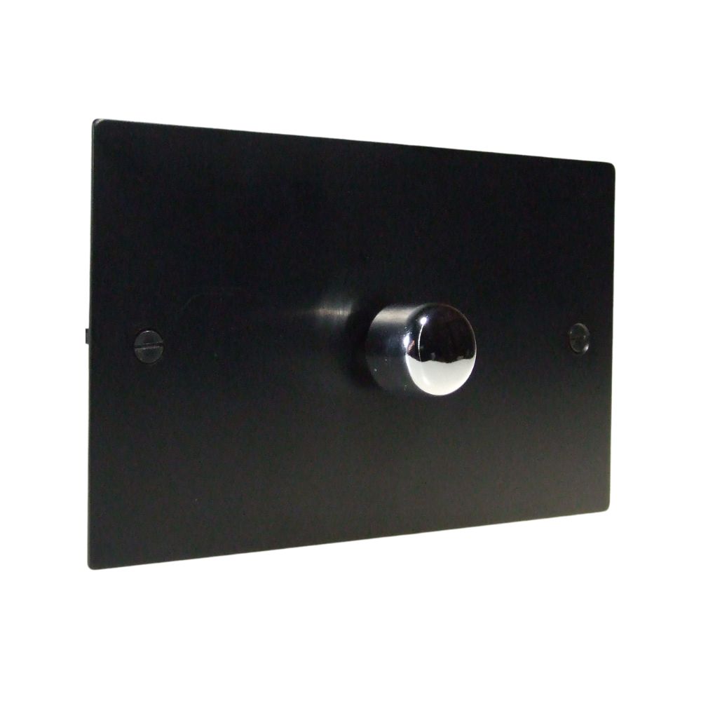 Satin Black Metal Flat Plate Single 400W Dimmer Light Switch on a Twin Plate Polished Chrome Caps