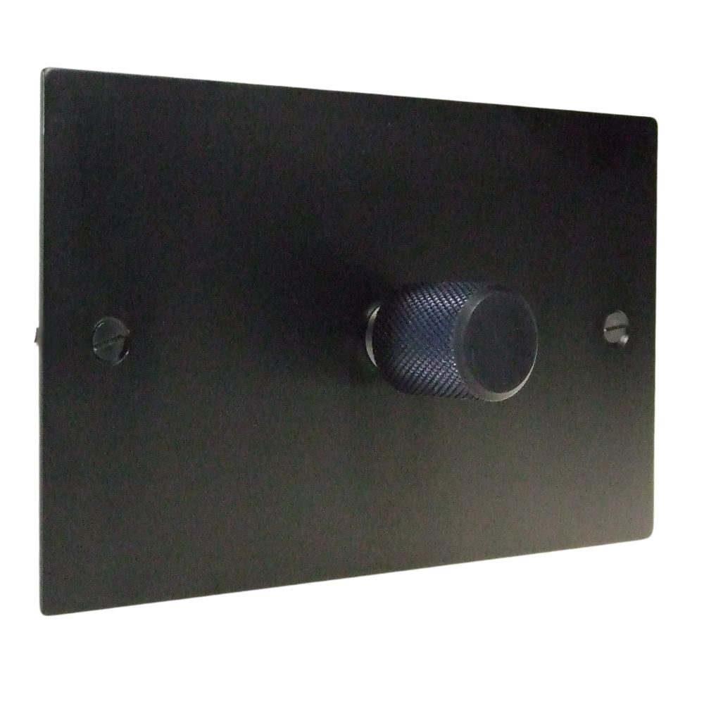 Satin Black Metal Flat Plate Single 400W Dimmer Light Switch on a Twin Plate Retro Black Caps