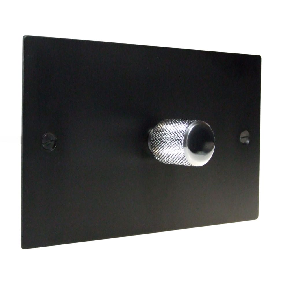 Satin Black Metal Flat Plate Single 400W Dimmer Light Switch on a Twin Plate Retro Chrome Caps