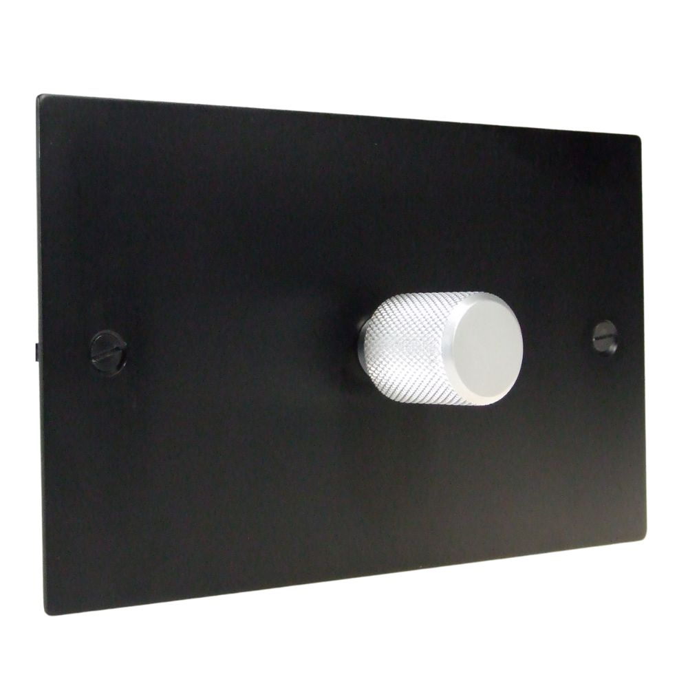 Satin Black Metal Flat Plate Single 400W Dimmer Light Switch on a Twin Plate Retro Satin Caps
