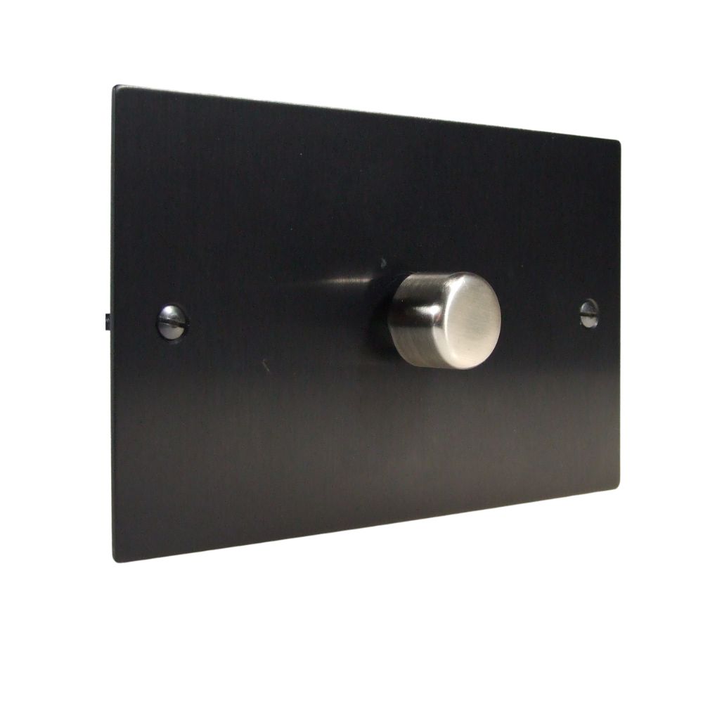 Satin Black Metal Flat Plate Single 400W Dimmer Light Switch Satin Stainless Caps