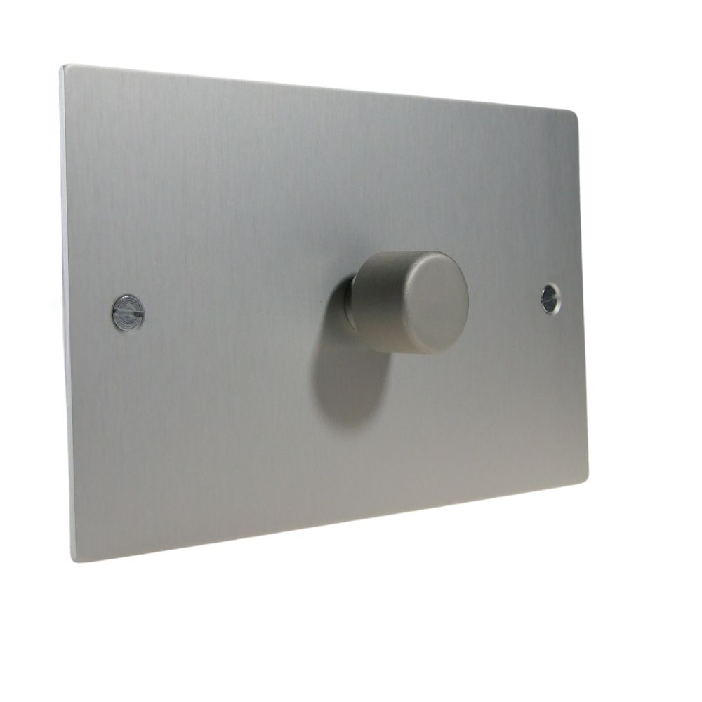 Satin Silver Metal Flat Plate Single 400W Dimmer Light Switch on a Twin Plate Satin Stainless Caps