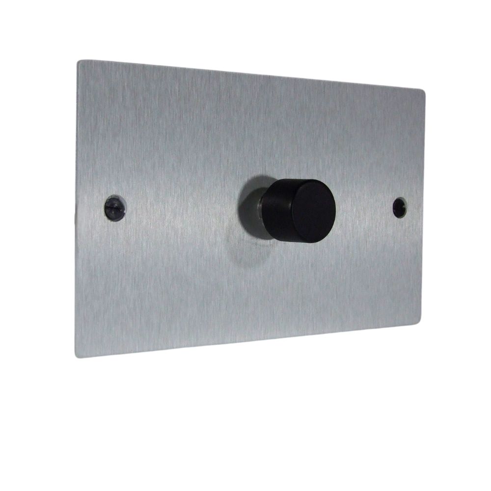 Satin Silver Metal Flat Plate Single 400W Dimmer Light Switch on a Twin Plate Black Caps