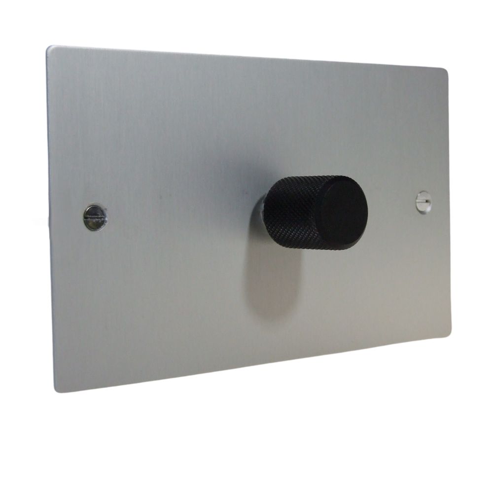 Satin Silver Metal Flat Plate Single 400W Dimmer Light Switch on a Twin Plate Retro Black Caps