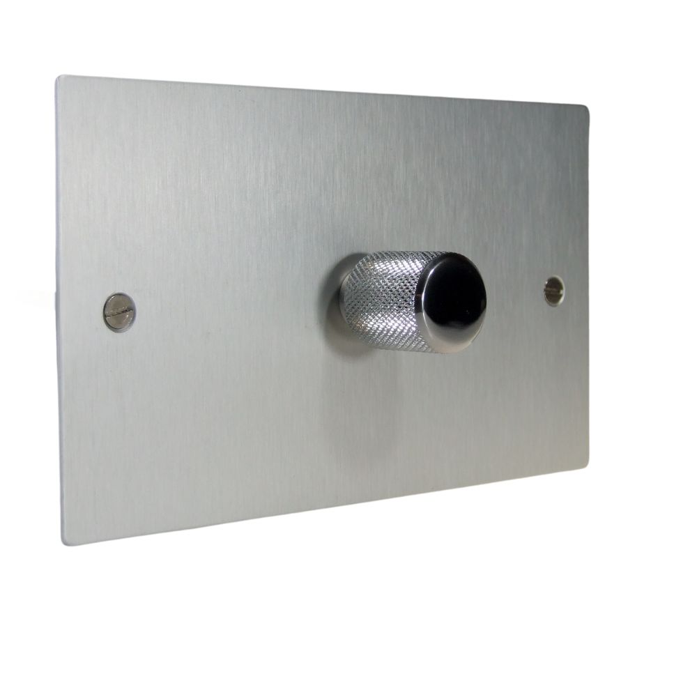 Satin Silver Metal Flat Plate Single 400W Dimmer Light Switch on a Twin Plate Retro Chrome Caps