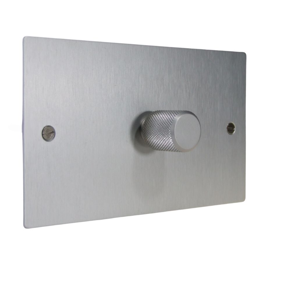 Satin Silver Metal Flat Plate Single 400W Dimmer Light Switch on a Twin Plate Retro Satin Stainless Caps
