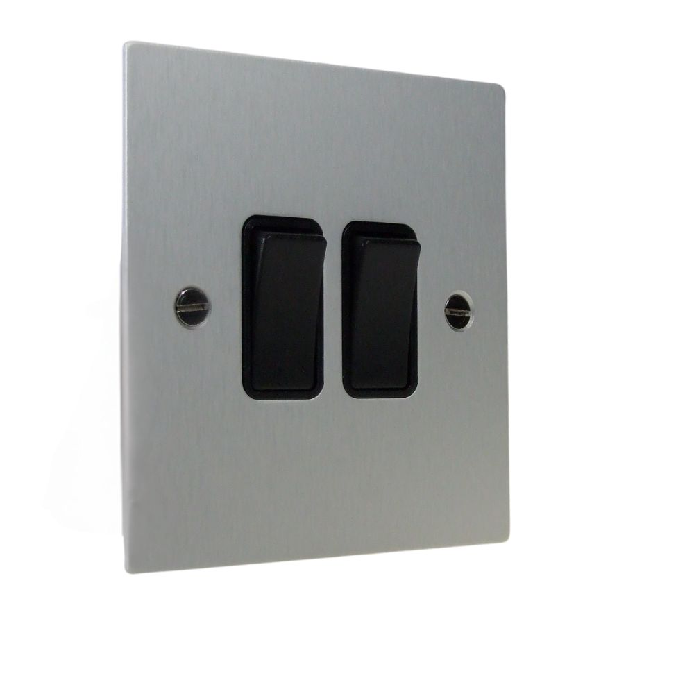 Satin Silver Metal Flat Plate Double Light Switch Black