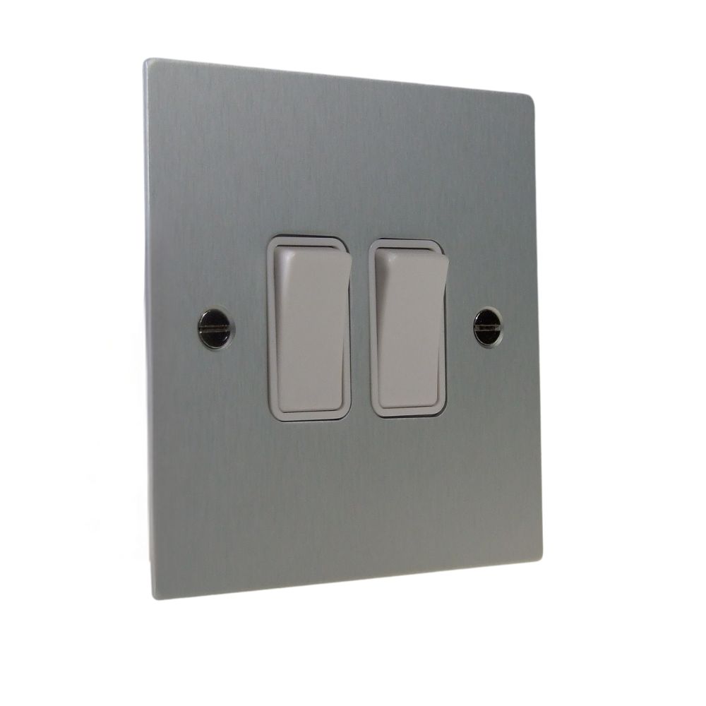 Satin Silver Metal Flat Plate Double Light Switch White