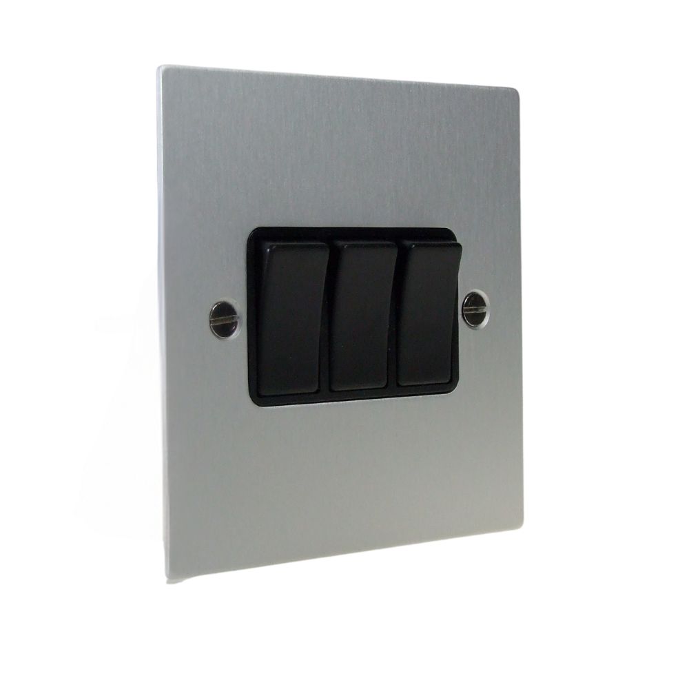 Satin Silver Metal Flat Plate Triple Light Switch Black