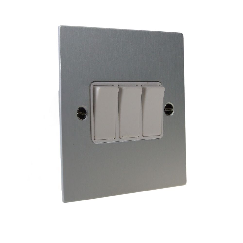 Satin Silver Metal Flat Plate Triple Light Switch White