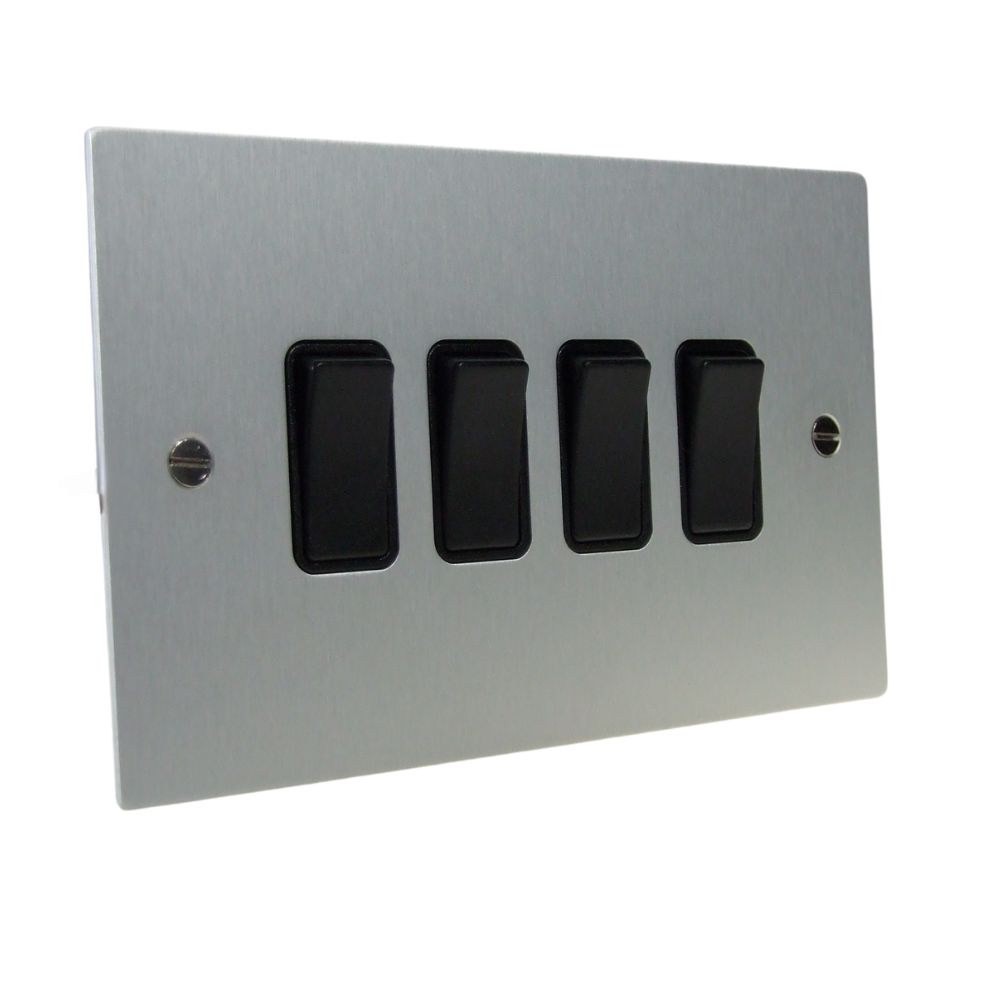 Satin Silver Metal Flat Plate 4 Switch Light Switch Black