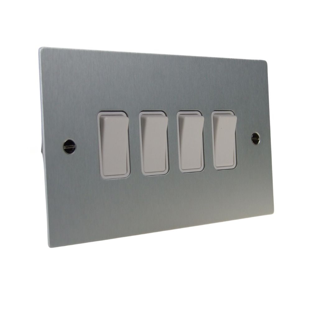 Satin Silver Metal Flat Plate 4 Switch Light Switch White