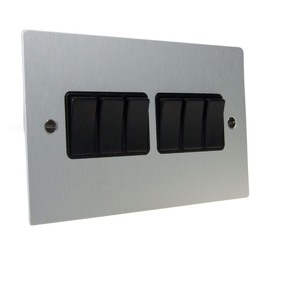 Satin Silver Metal Flat Plate 6 Switch Light Switch Black