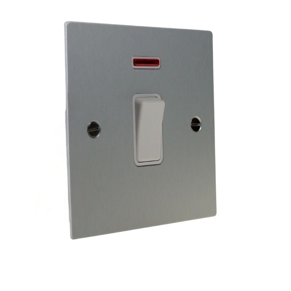 Satin Silver Metal Flat Plate Double Pole with Neon Light Switch White