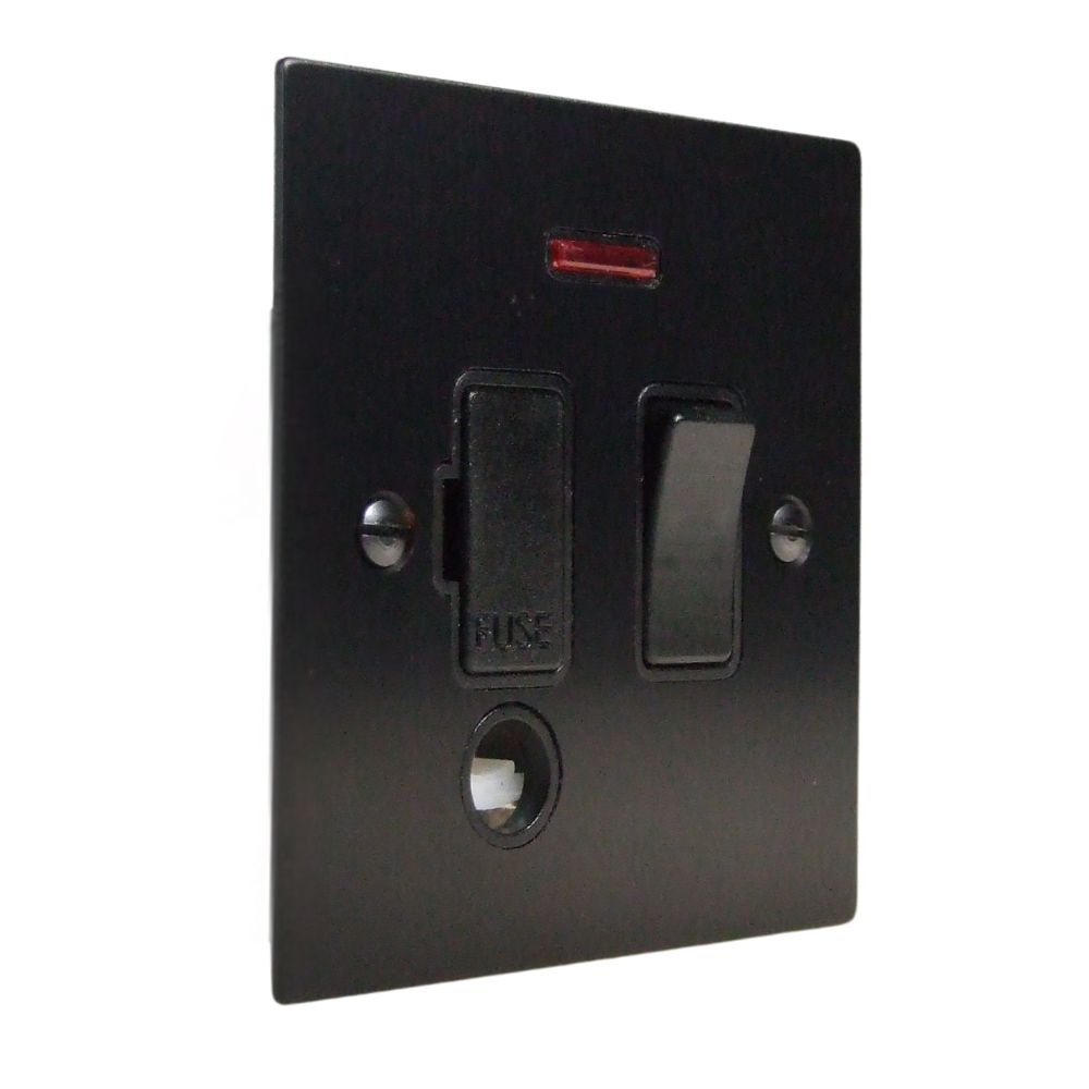Satin Black Metal Flat Plate Switch Fuse Spur with Neon and Cord Outlet Black