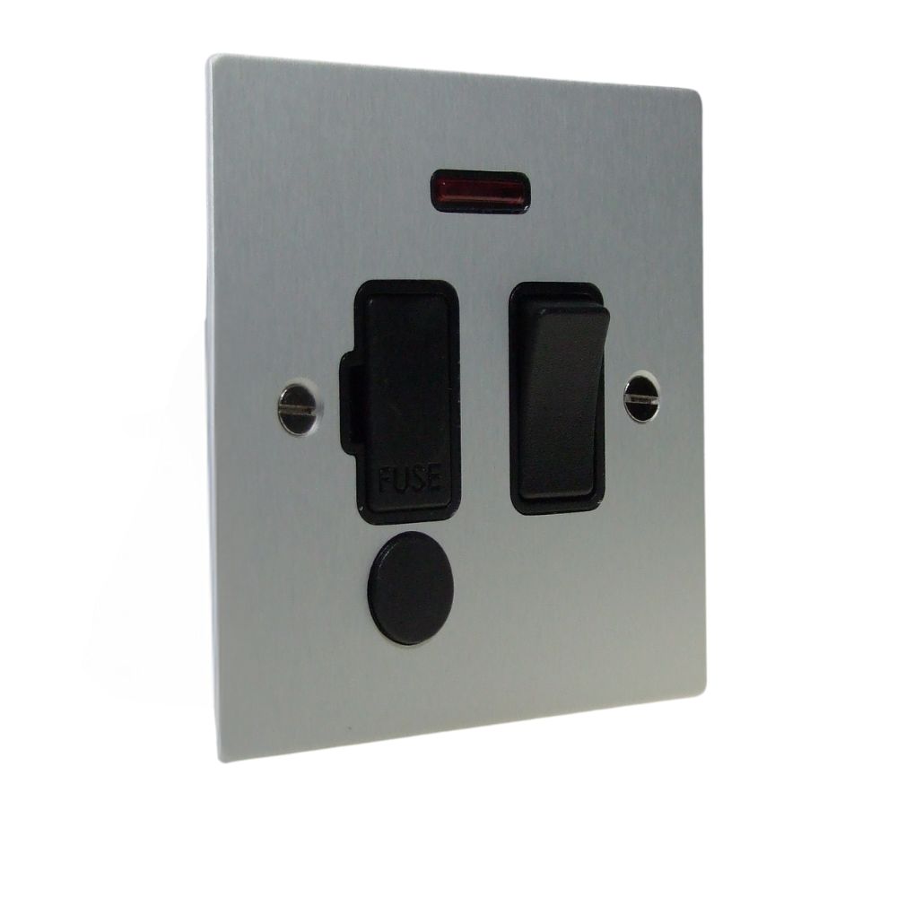 Satin Silver Metal Flat Plate Switch Fuse Spur with Neon and Cord Outlet Black