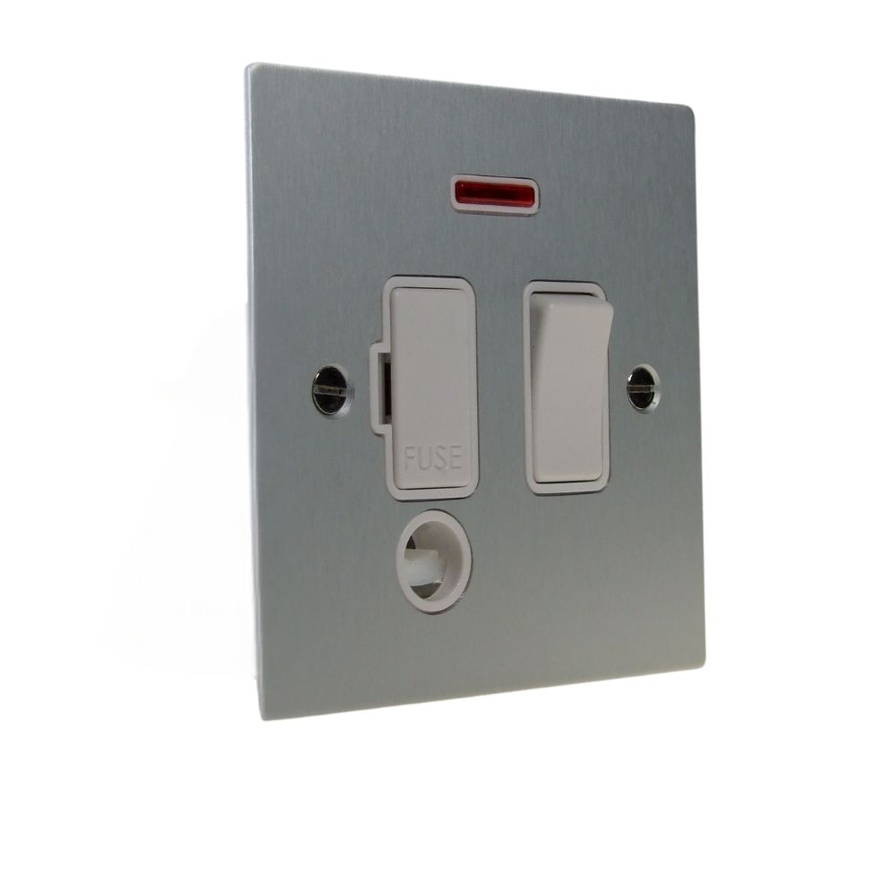Satin Silver Metal Flat Plate Switch Fuse Spur with Neon and Flex Outlet White