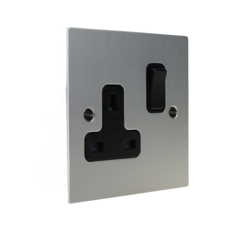 Satin Silver Metal Flat Plate Single Socket Black