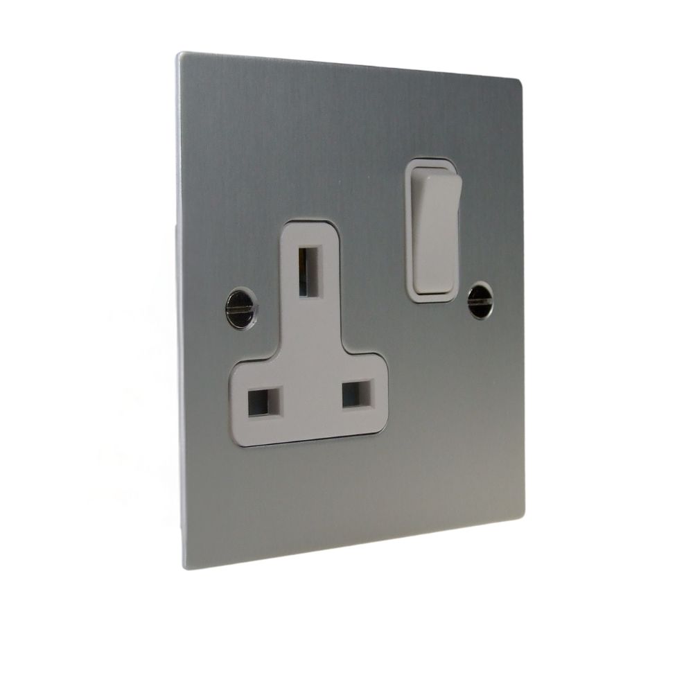Satin Silver Metal Flat Plate Single Switched Socket White