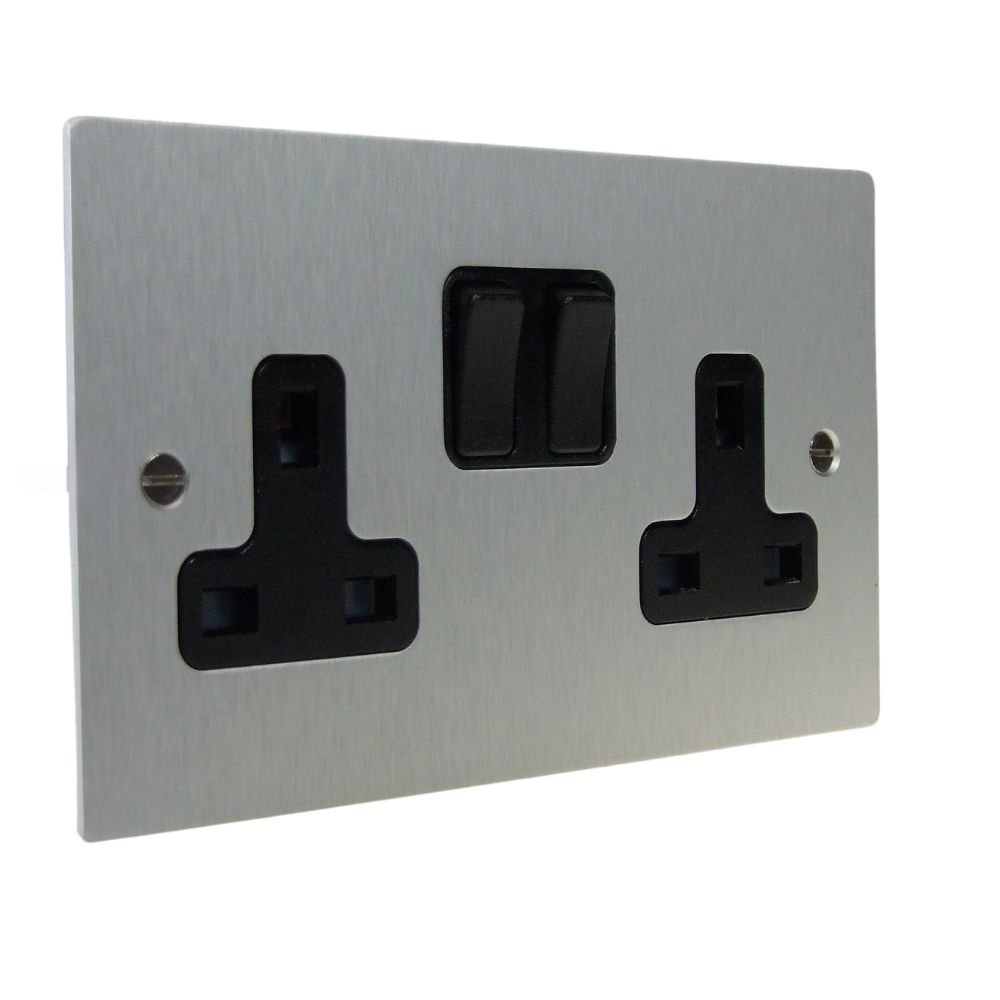Satin Silver Metal Flat Plate Double Socket Black