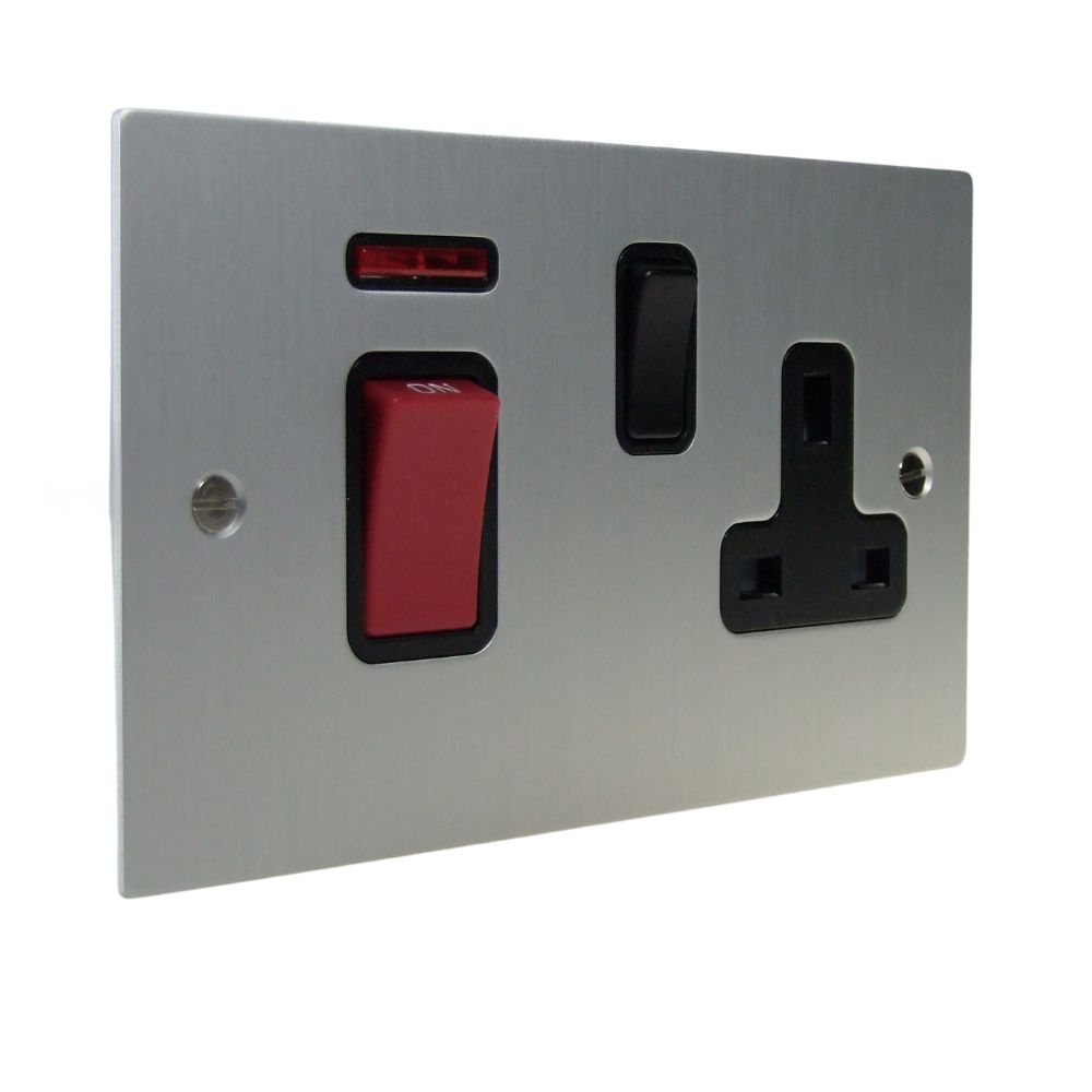Satin Silver Metal Flat Plate Double Pole Cooker Switch with Neon and Single Switched Socket Black