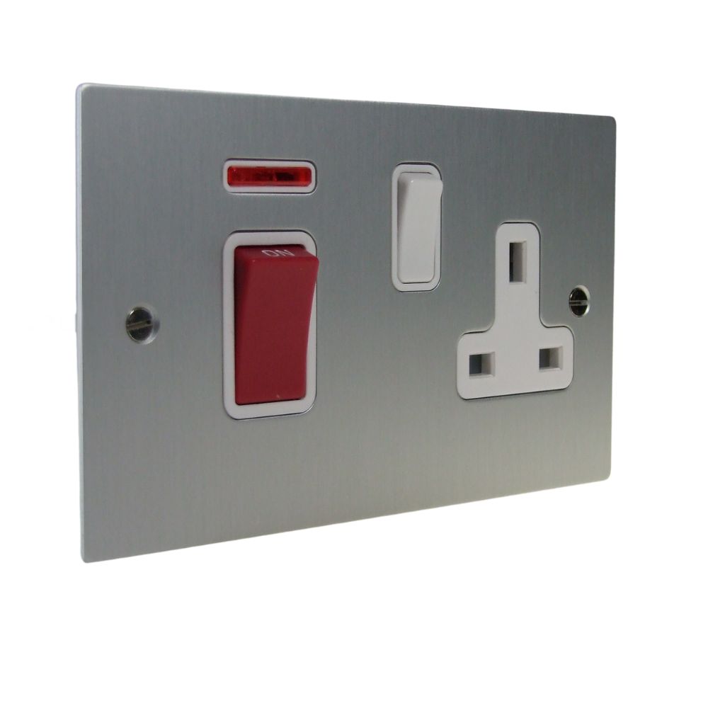 Satin Silver Metal Flat Plate Double Pole Cooker Switch with Neon and Single Switched Socket White