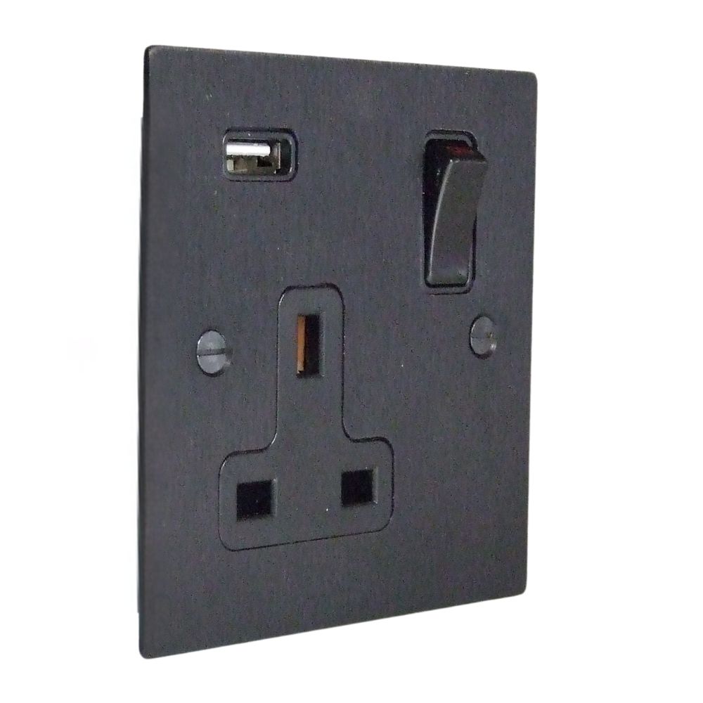 Satin Black Metal Flat Plate Single Socket with USB Black