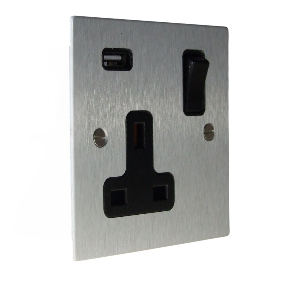 Satin Silver Metal Flat Plate Single Socket with USB Black