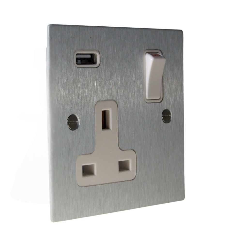 Satin Silver Metal Flat Plate Single Switched USB Socket White