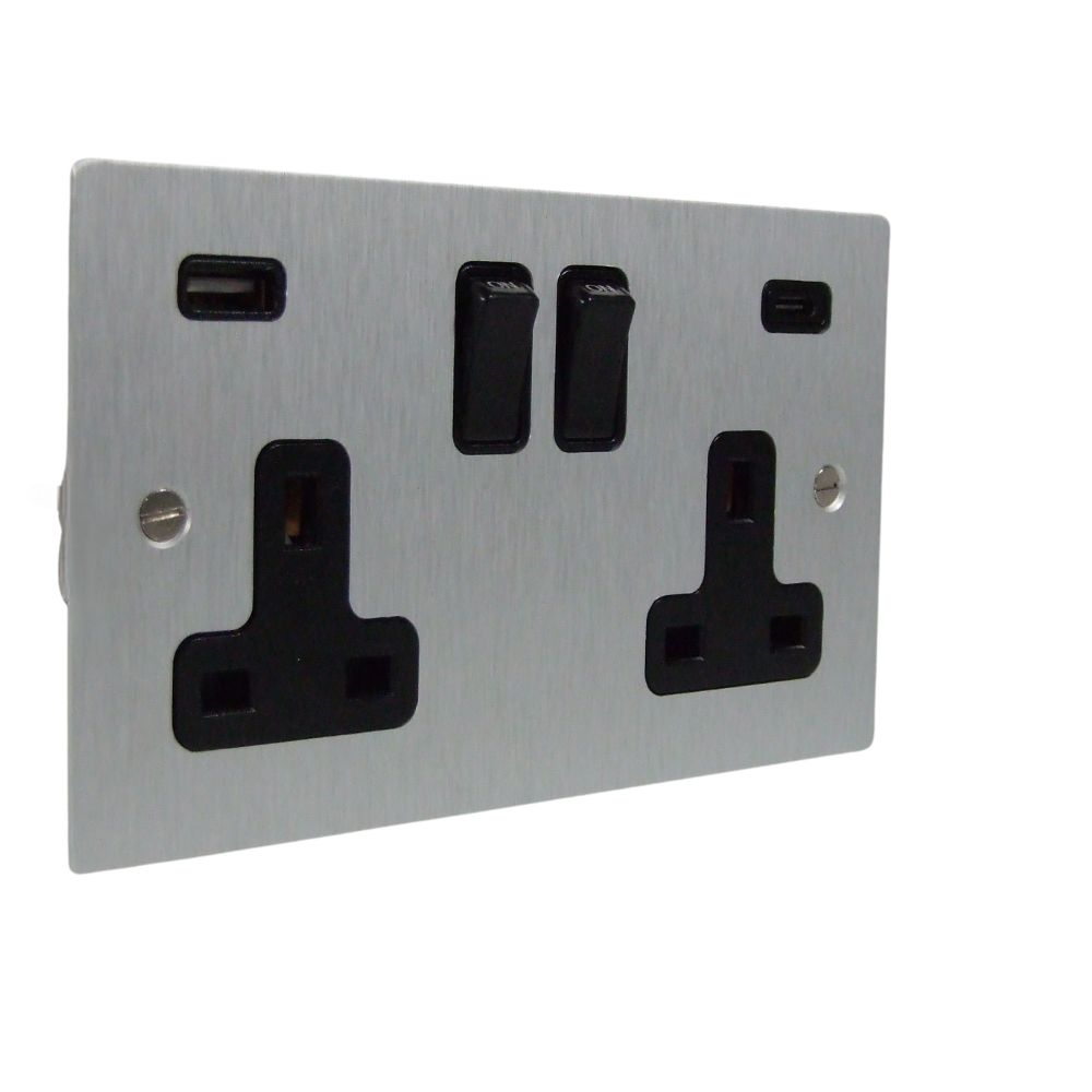 Satin Silver Metal Flat Plate Double Socket with A&C USB Black