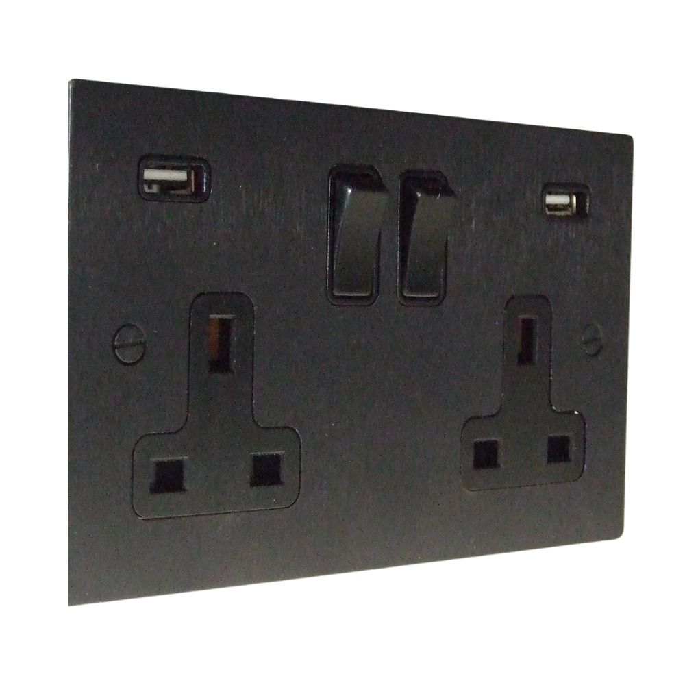 Satin Black Metal Flat Plate Double Socket USB Black