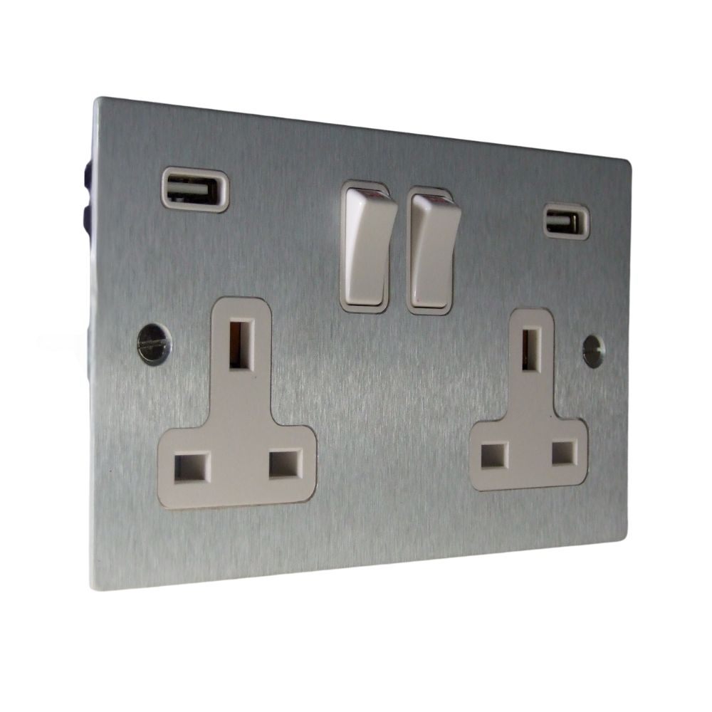 Satin Silver Metal Flat Plate Double Switched USB Socket White