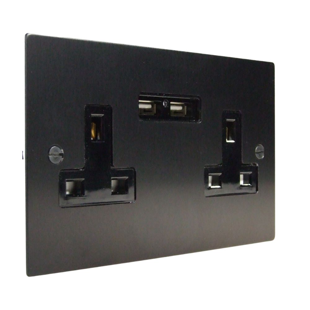 Satin Black Metal Flat Plate Unswitched Double Socket with USB Black