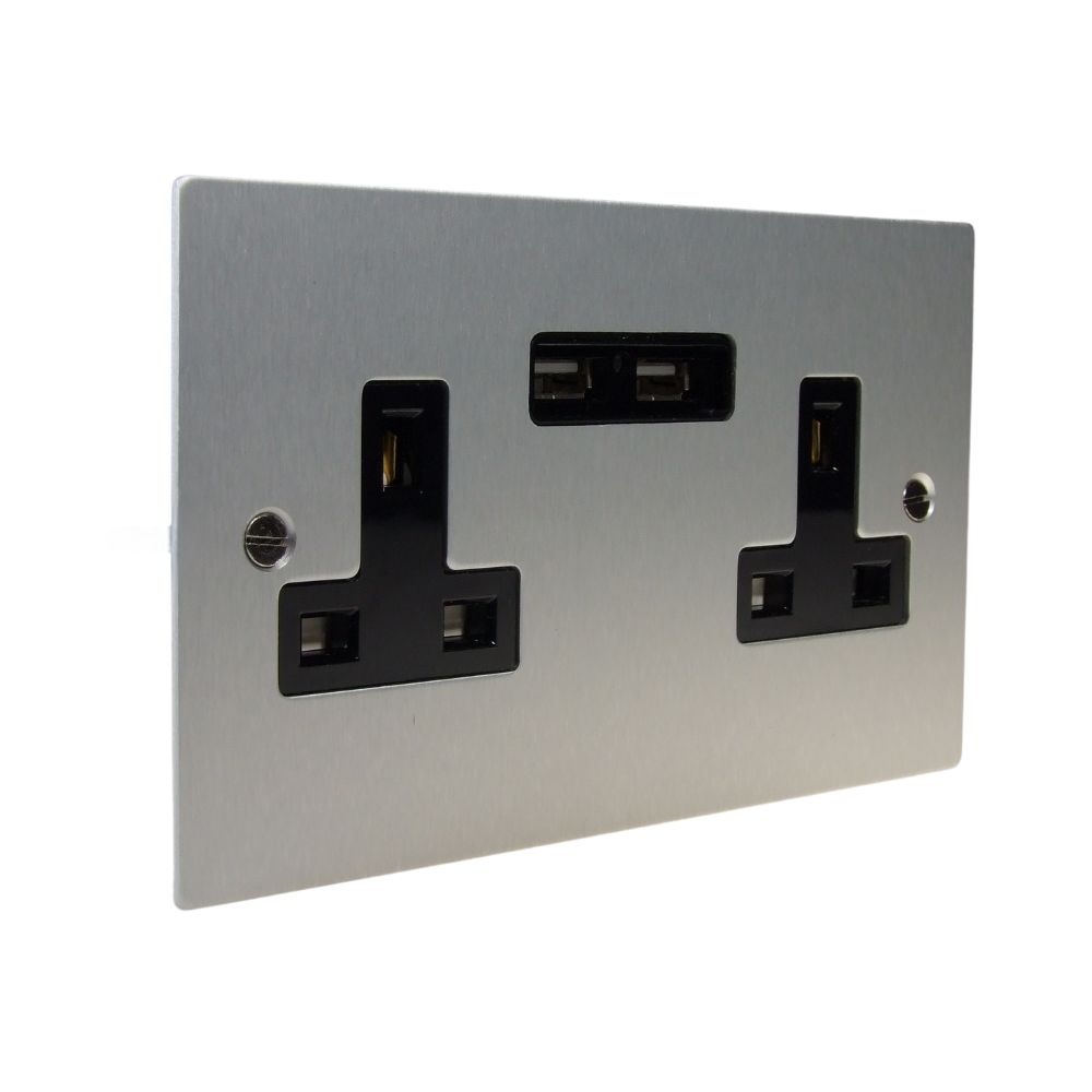 Satin Silver Metal Flat Plate Unswitched Double Socket with USB Black