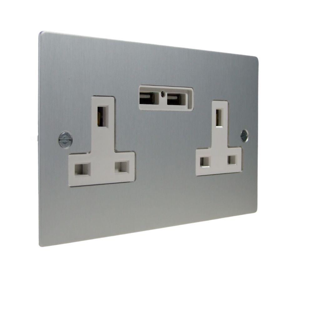Satin Silver Metal Flat Plate Double Unswitched USB Socket White