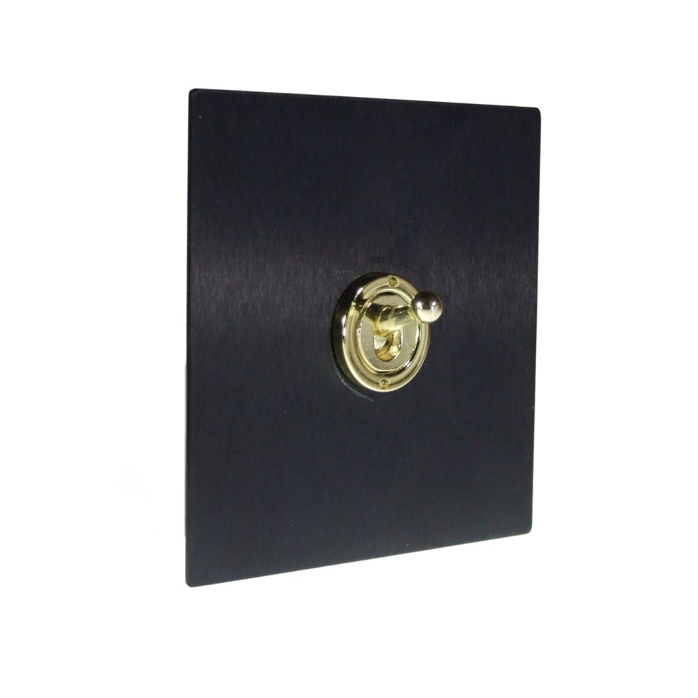 Satin Black Metal Flat Plate Single Light Switch Polished Brass Period Toggle