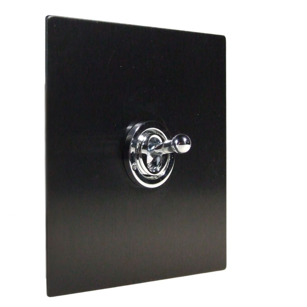 Satin Black Metal Flat Plate Single Intermediate Light Switch Polished Chrome Period Toggle