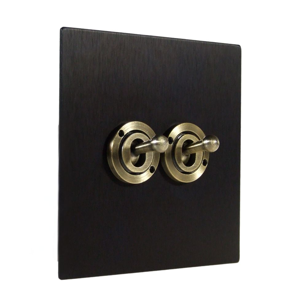 Satin Black Metal Flat Plate Double Light Switch Antique Brass Toggle