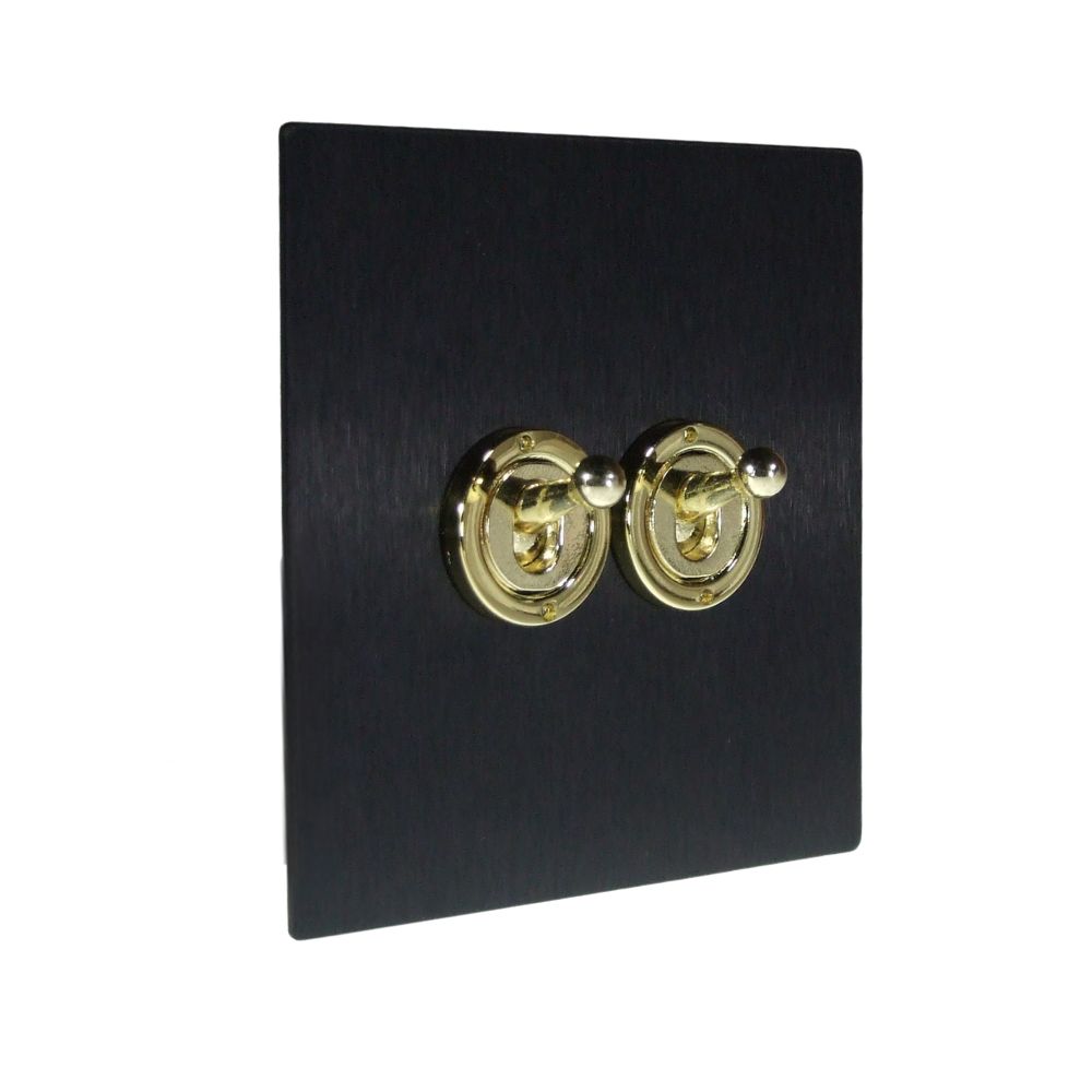 Satin Black Metal Flat Plate Double Light Switch Polished Brass Period Toggle