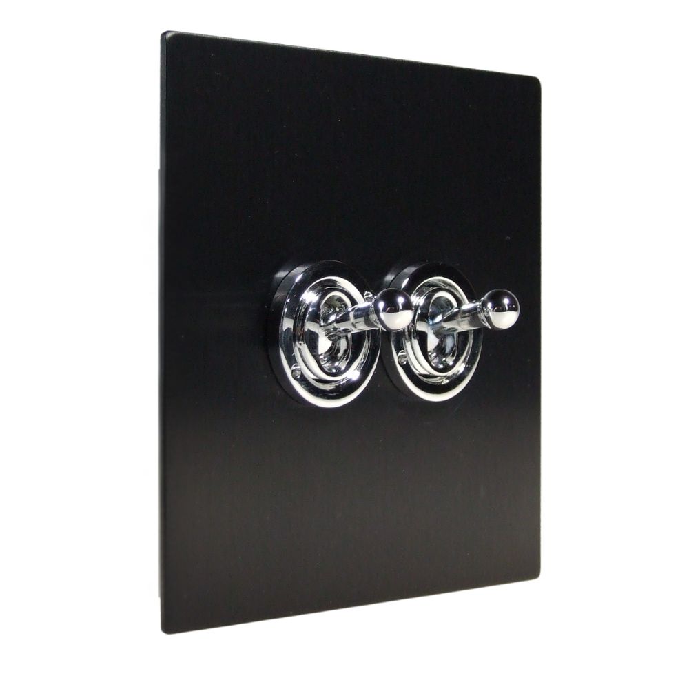 Satin Black Metal Flat Plate Double Light Switch Polished Chrome period Toggle
