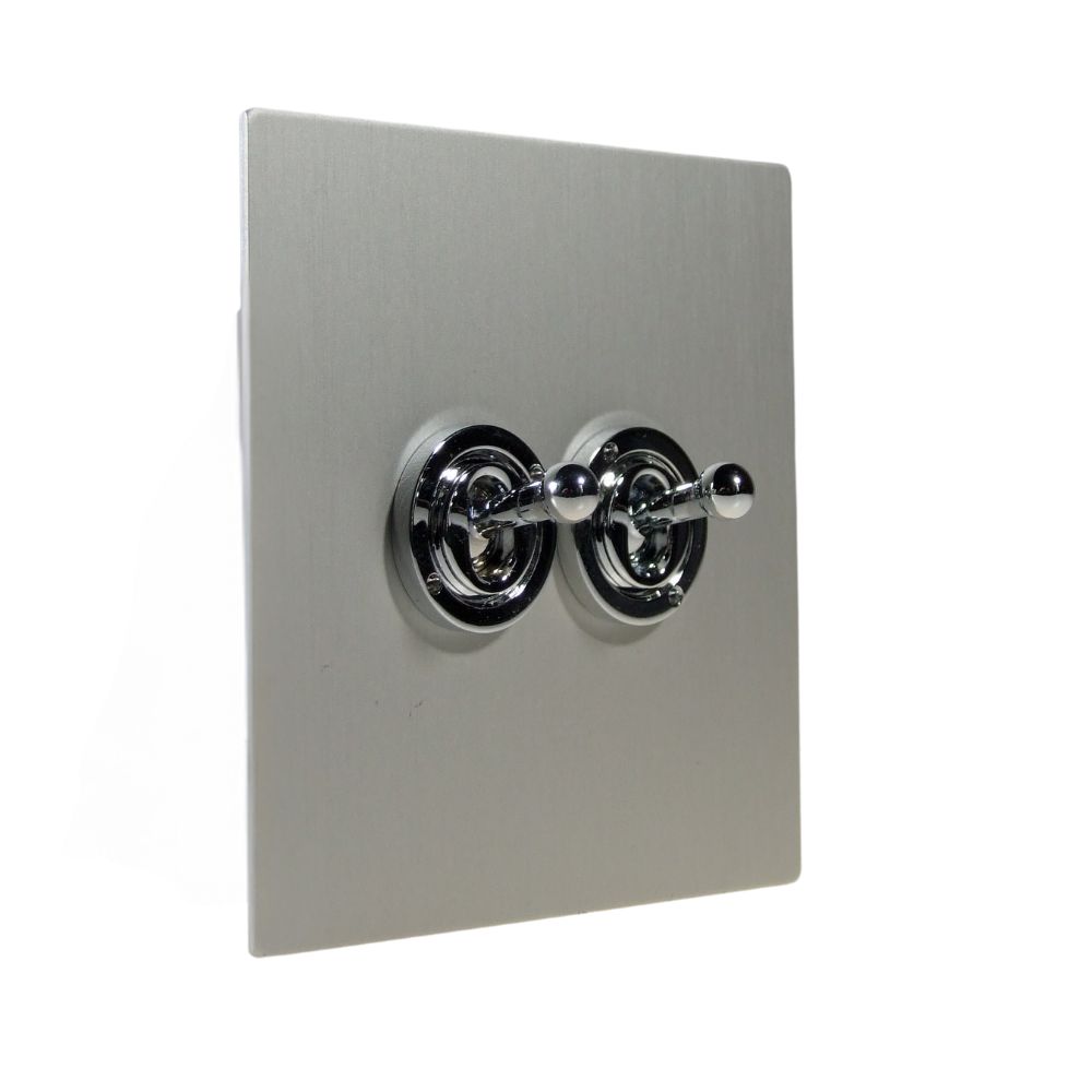 Satin Silver Metal Flat Plate Double Light Switch Polished Chrome Toggle