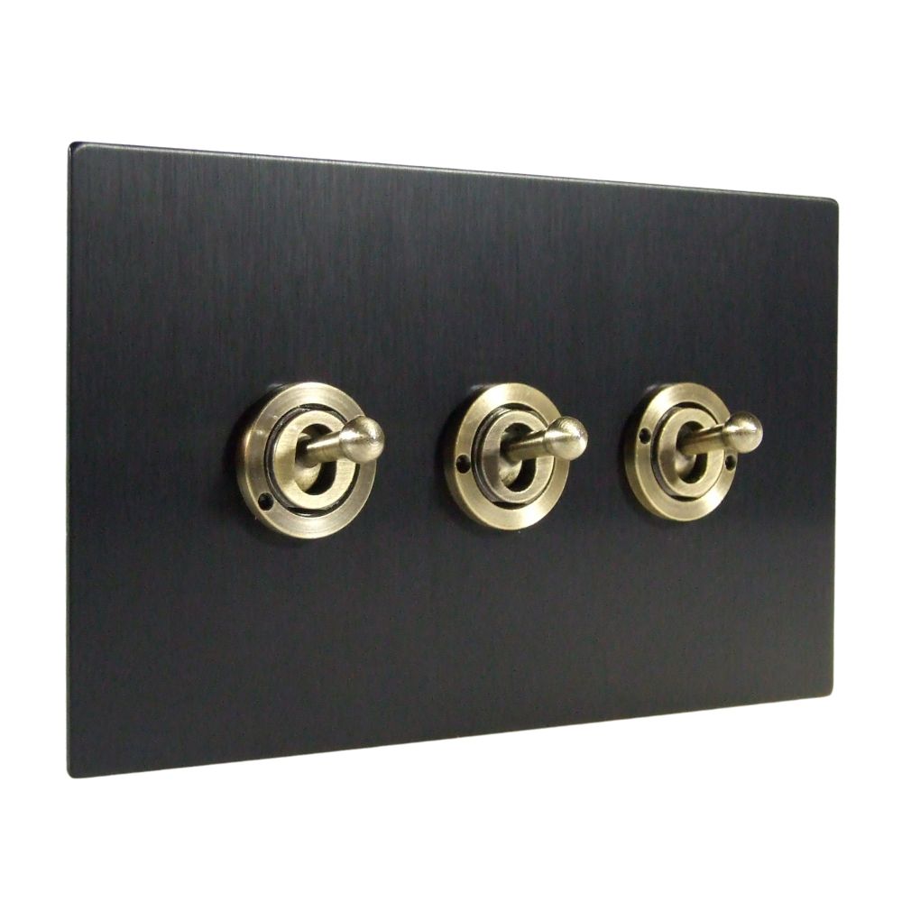 Satin Black Metal Flat Plate Triple Light Switch Antique Brass Period Toggle