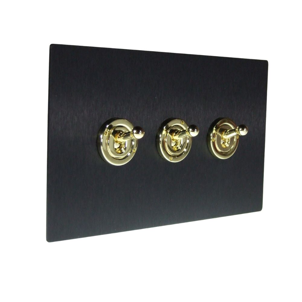 Satin Black Metal Flat Plate Triple Light Switch Polished Brass Period Toggle