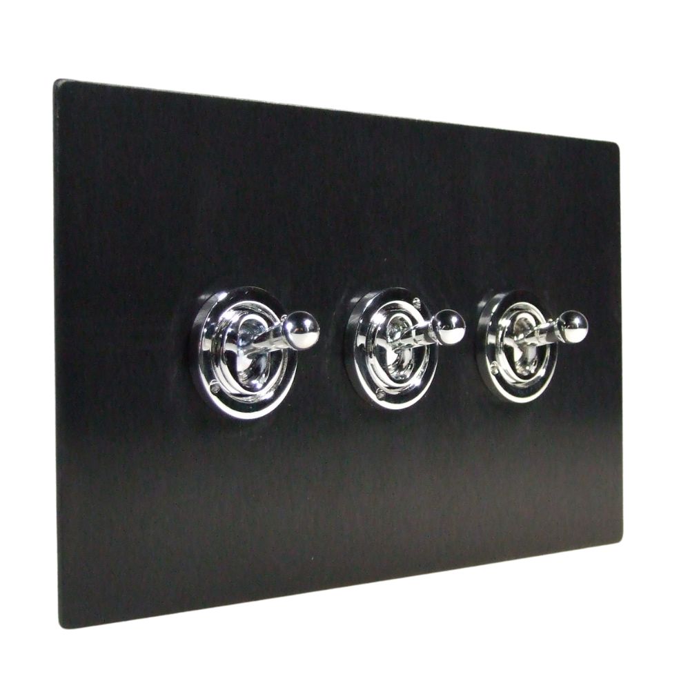 Satin Black Metal Flat Plate Triple Light Switch Polished Chrome Period Toggle