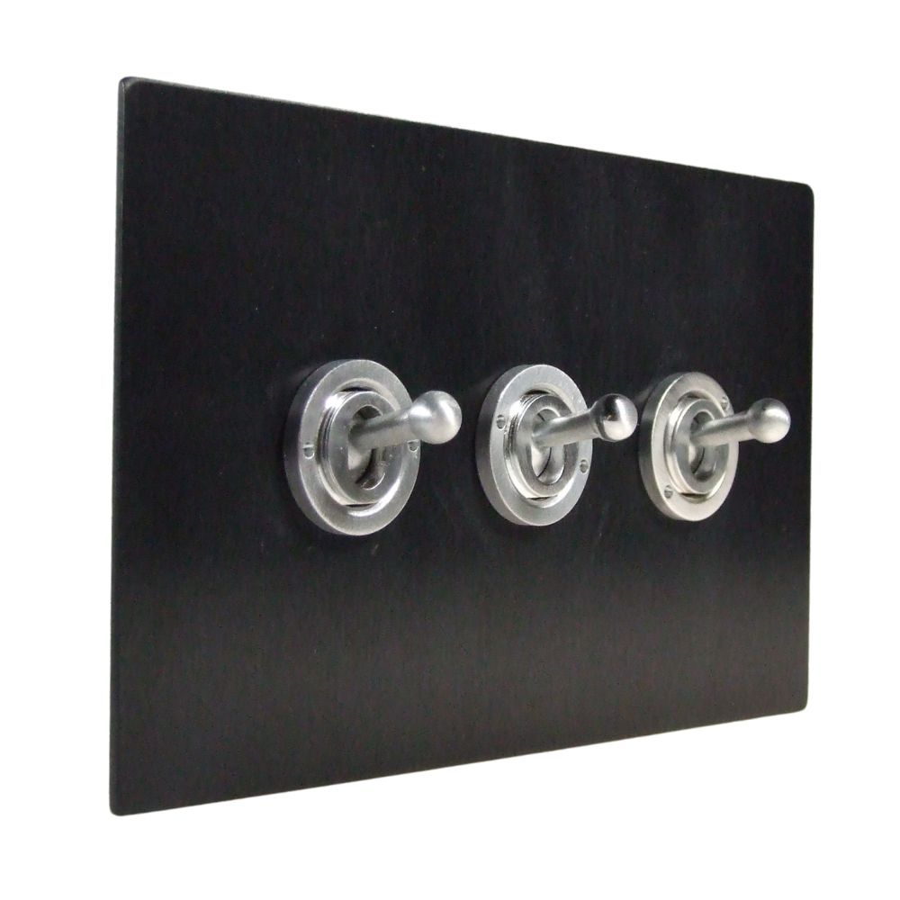 Satin Black Metal Flat Plate Triple Light Switch Matt Black Period Toggle