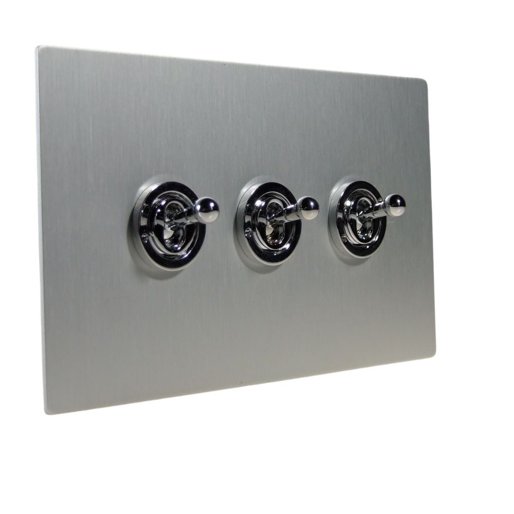 Satin Silver Metal Flat Plate Triple Light Switch Polished Chrome Toggle