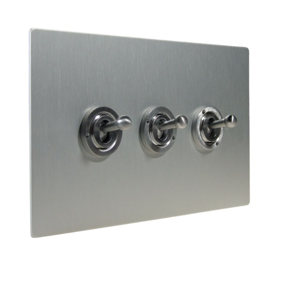 Satin Silver Metal Flat Plate Triple Light Switch Satin Stainless Toggle